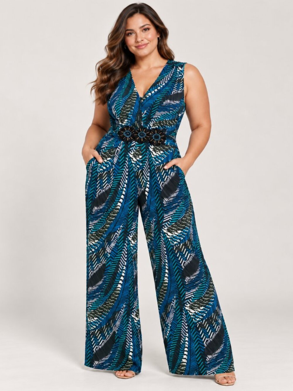 Beige by ECI 22W Blue Teal Black Geometric Wide Leg Jumpsuit Embellished Waist